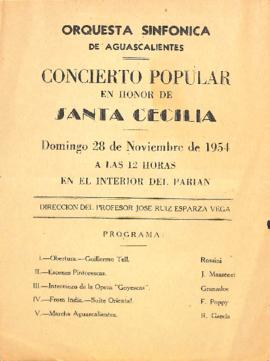 Programa del concierto popular en honor de Santa Cecilia de la Orquesta Sinfónica de Aguascalientes