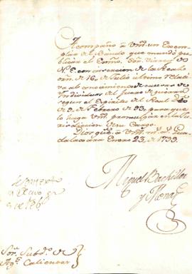 Se remite el Bando del Virrey de 16 de julio de 1799 realtivo a la causas del fuero de guerra seg...