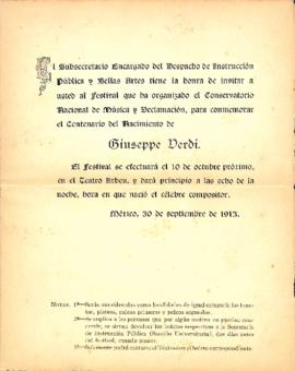 Invitación al Festival por el Centenario del Nacimiento de Guiseppe Verdi