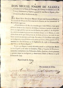 Bando del Virrey Miguel José de Azanza sobre que todo militar con cargo político ajeno a su respo...