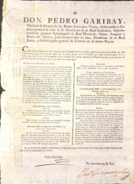 Bando del Virrey Pedro Garibay en el que informa que para no entorpecer el desempeño de los despa...