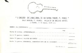 Programa del I Concurso Internacional de Guitarra Manuel M. Ponce y boleta de calificación