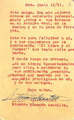 Carta de Ricardo Mimenza Castillo