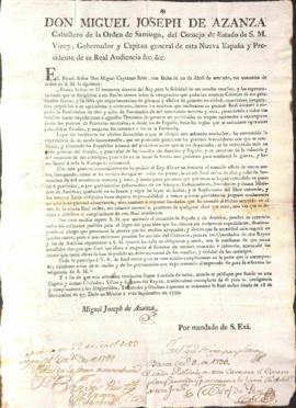 Bando del Virrey Miguel José de Azanza por el cual da a conocer que su Magestad deroga la Real Or...