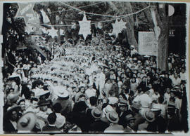 Fotografía de una multitud caminando por un parque.